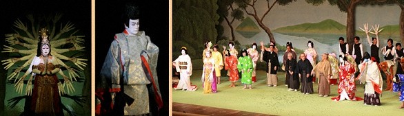 写真左:北千住観音(菊五郎)、写真中:王子(幸四郎)、写真右:フィナーレ(夜の部)(中央の紋付袴は右より芝翫、富十郎、又五郎、勘三郎、三津五郎)